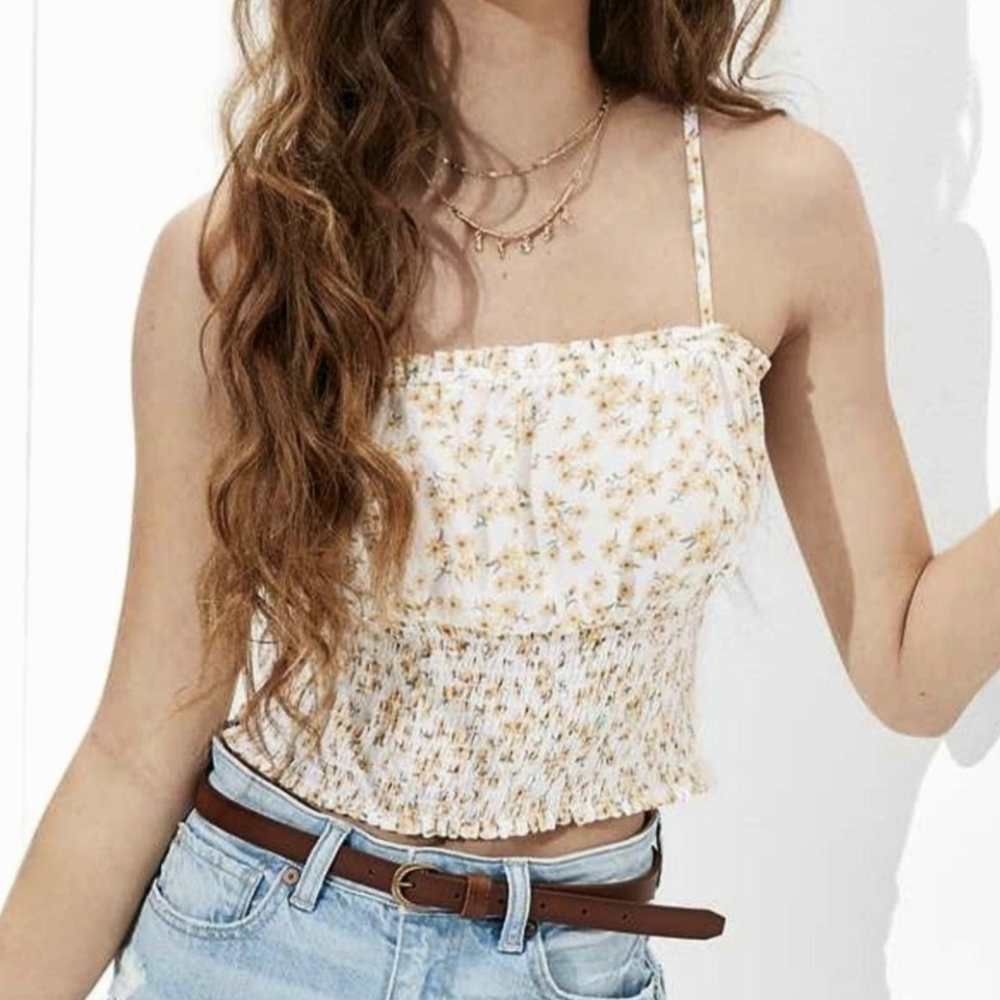 American Eagle Outfitters Floral Smocked Crop Top - White and Yellow